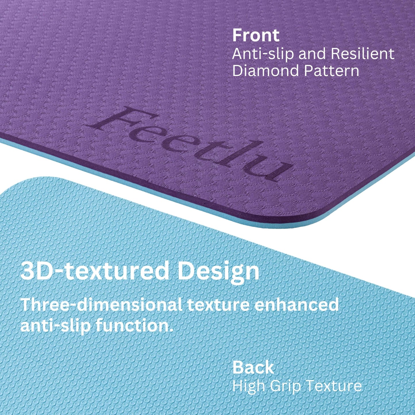 Feetlu Extra Thick Yoga Mat with Carry Strap, 10mm Non-Slip Exercise Mat, 72 x 24 Inch Cushioned Workout Mat for Yoga, Pilates, Stretching & Floor Exercises (DK. PL/BGY)