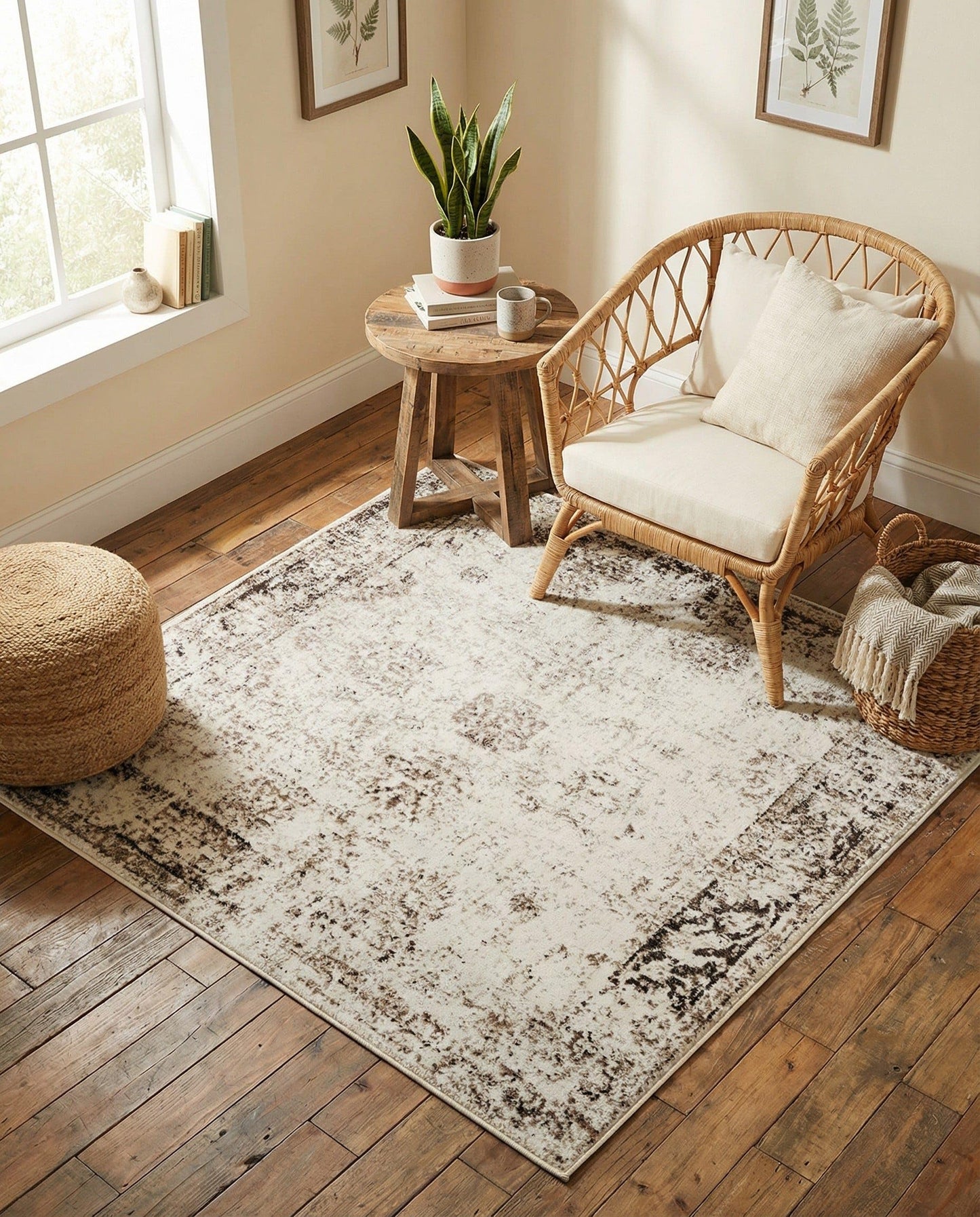 Rugs.com - Monte Carlo Rug – 5 Ft Square Beige Easy-Clean Rug – Distressed Medallion for Living Rooms, Bedrooms, and Entryways