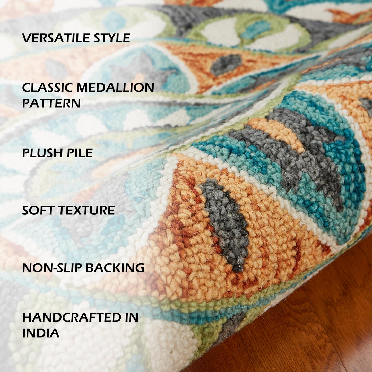 LR Home 6ft Round Indoor Wool Area Rug for Home Decor | Rugs for Living Room, Bedroom, Playroom, Entryway, Office | Hand Woven Modern Farmhouse Large Boho Area Rug for Room Decor | Rust/Teal