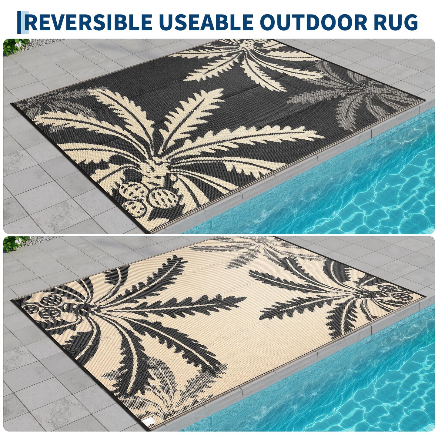 Garvee Waterproof Outdoor Rug 5x8 for Patio, Reversible Modern Area Rug, Large Plastic Straw Mat for Camping, RV, Porch, Backyard, Deck, Picnic, Beach, Black & Brown