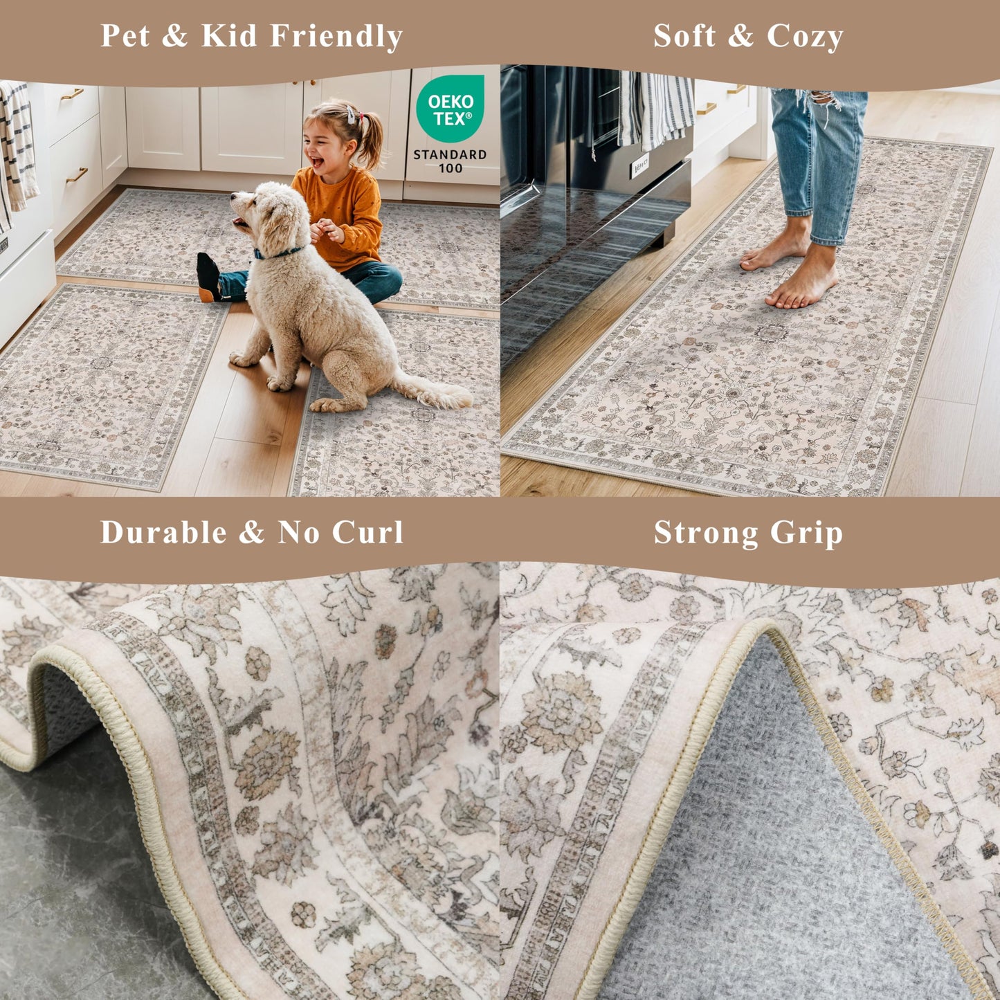 3-Piece Kitchen Rug Set of 3 with Runner – Non-Slip Washable Boho Kitchen Mats for Sink, Floor, Entryway & Hallway & Bathroom – Soft Small Throw Area Rugs, Home Decor (Beige,2x3+2x4+2x5)