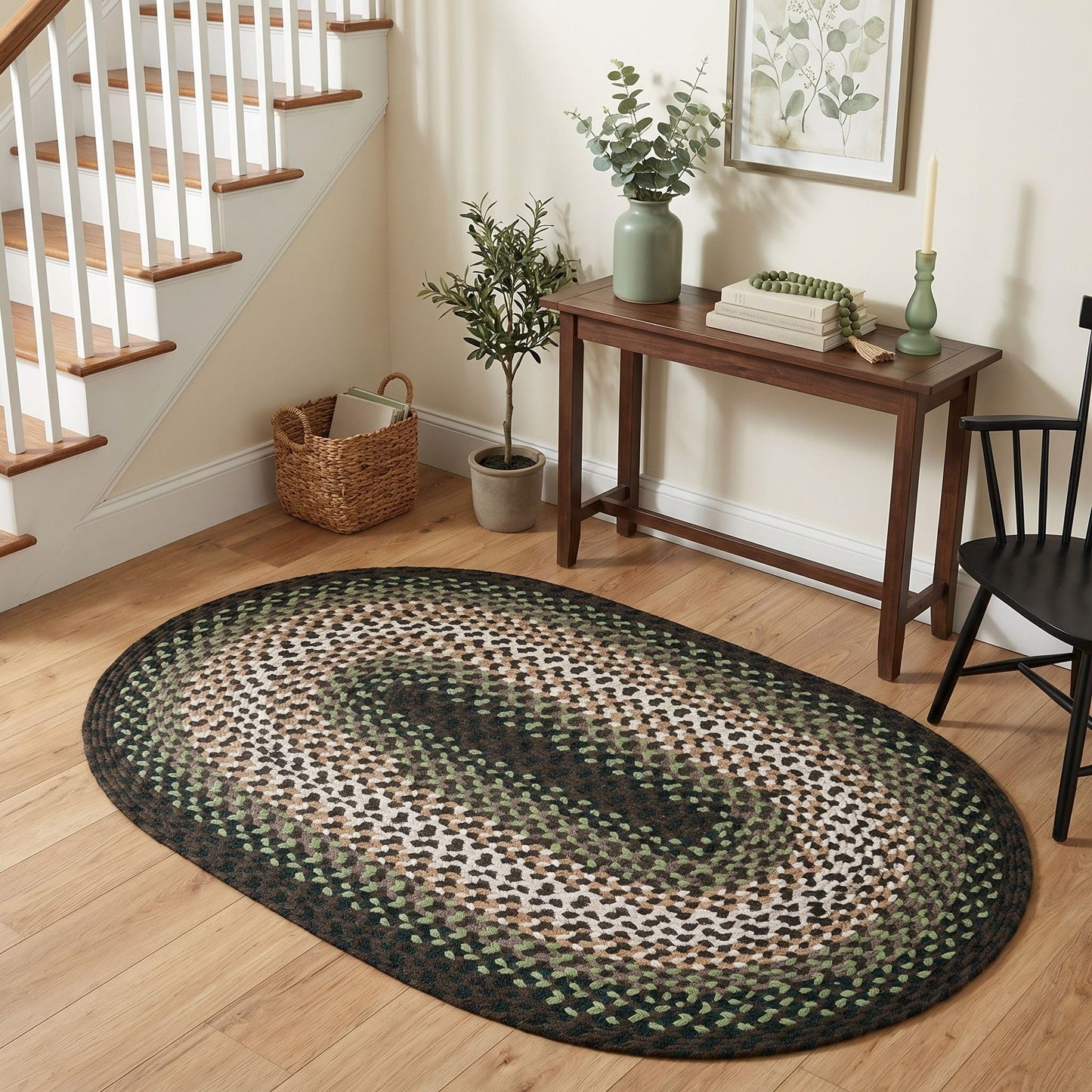 Super Area Rugs Oval 3' X 5' Green - Ivory Oval Braided Rug for Farmhouse/Primitive Style Spaces