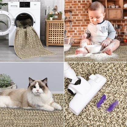 ROYHOME Washable Area Rug 5x7 Print Braided Machine Washable Rug Solid Printed Textured Carpet Stain Resistant Non-Slip Farmhouse Floor Cover for Living Room Dining Bedroom Decor, Linen