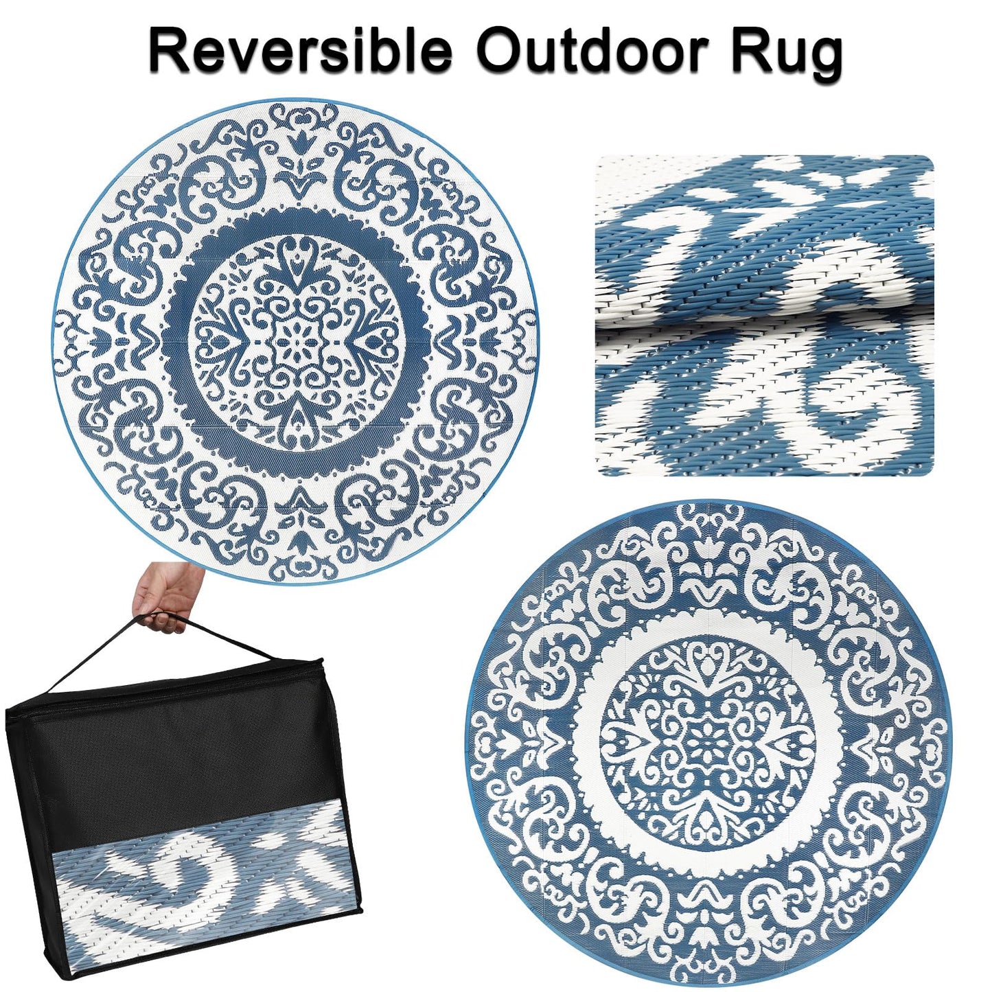 Homcomoda Round Outdoor Rugs 8ft Blue Patio Rugs Clearance Reversible Plastic Straw Rugs Waterproof Lightweight Outdoor Rugs Portable RV Camping Mat for Outdoor Porch Deck BBQ Backyard