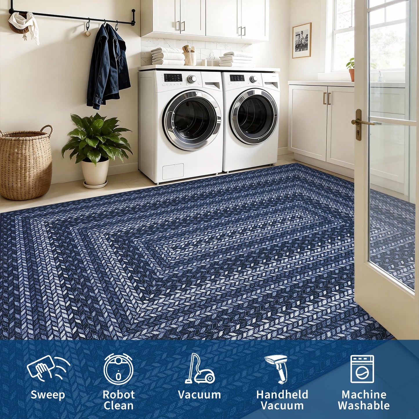 Washable Outdoor Patio 4x6 Area Rug Modern Easy Jute Indoor Outdoor Area Rugs Non Slip Stain Resistant Braided Living Room Throw Carpet Low Pile Easy Jute Rugs for Bedroom Kitchen, Slate/Blue