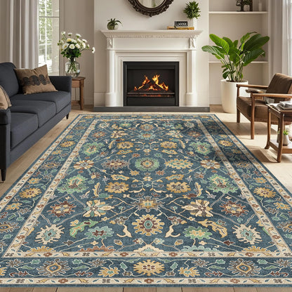 Washable Oushak Area Rug 8x10: Large Modern Turkish Oriental Floral Luxury Carpet for Bedroom Nursery Living Room Dining Home Decor Navy Blue