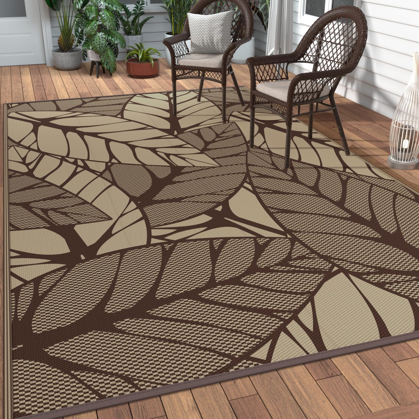GENIMO Outdoor Rug 6' x 9' Waterproof for Patio Clearance, Reversible Plastic Straw Camping Carpet, Lightweight Mat for Rv, Camper, Deck, Porch, Picnic, Balcony, Beach,Dark Coffee & Beige