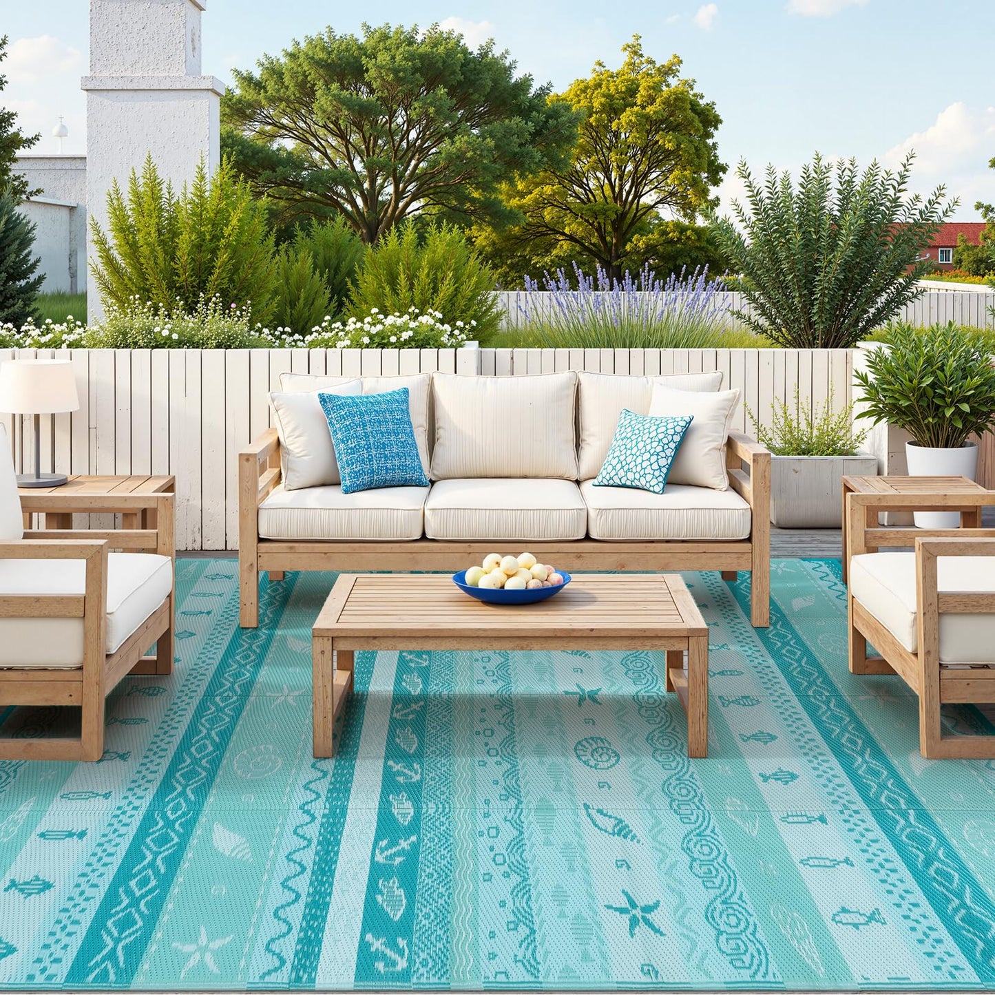 Uphome Coastal Outdoor Rug Waterproof 8x10, Large Reversible Ocean Beach Theme Striped Patio Plastic Straw Rugs, Tribal RV Camping Outside Carpet Mat for Pool Back Yard Deck, 8 x 10 ft