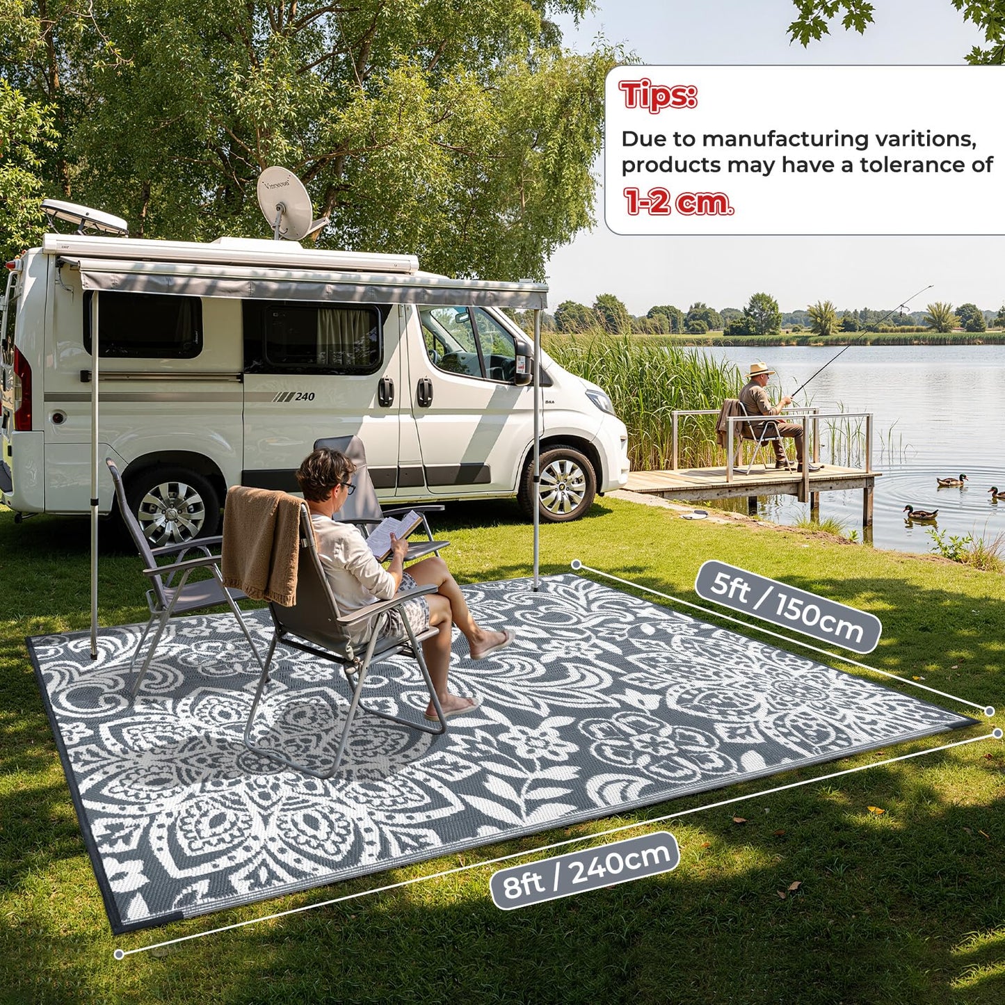 Findosom Waterproof Outdoor Rug 5' x 8' - Reversible Mandala Outdoor Plastic Straw Rug, Durable Foldable Patio Rug for RV, Deck, Balcony, Backyard, Picnic, Porch, Camping, Beach, Gray