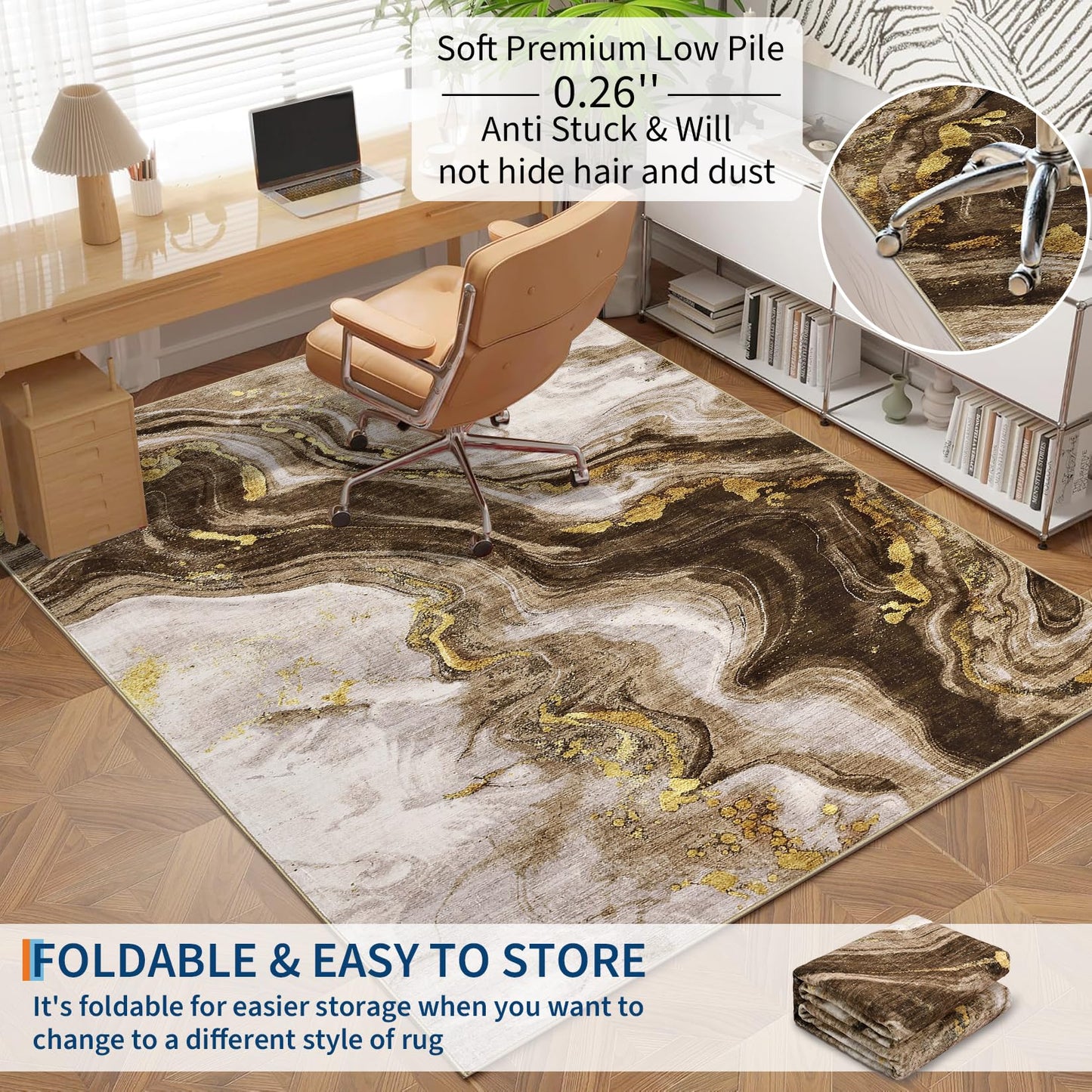 GarveeHome Modern Washable Rugs 5x7 Neutral Abstract Throw Rugs, Non-Slip Abstract Accent Carpet with Marble Swirl Pattern, Stain-Resistant Low Pile Indoor Carpet Rug for Living Room, Bedroom, Brown
