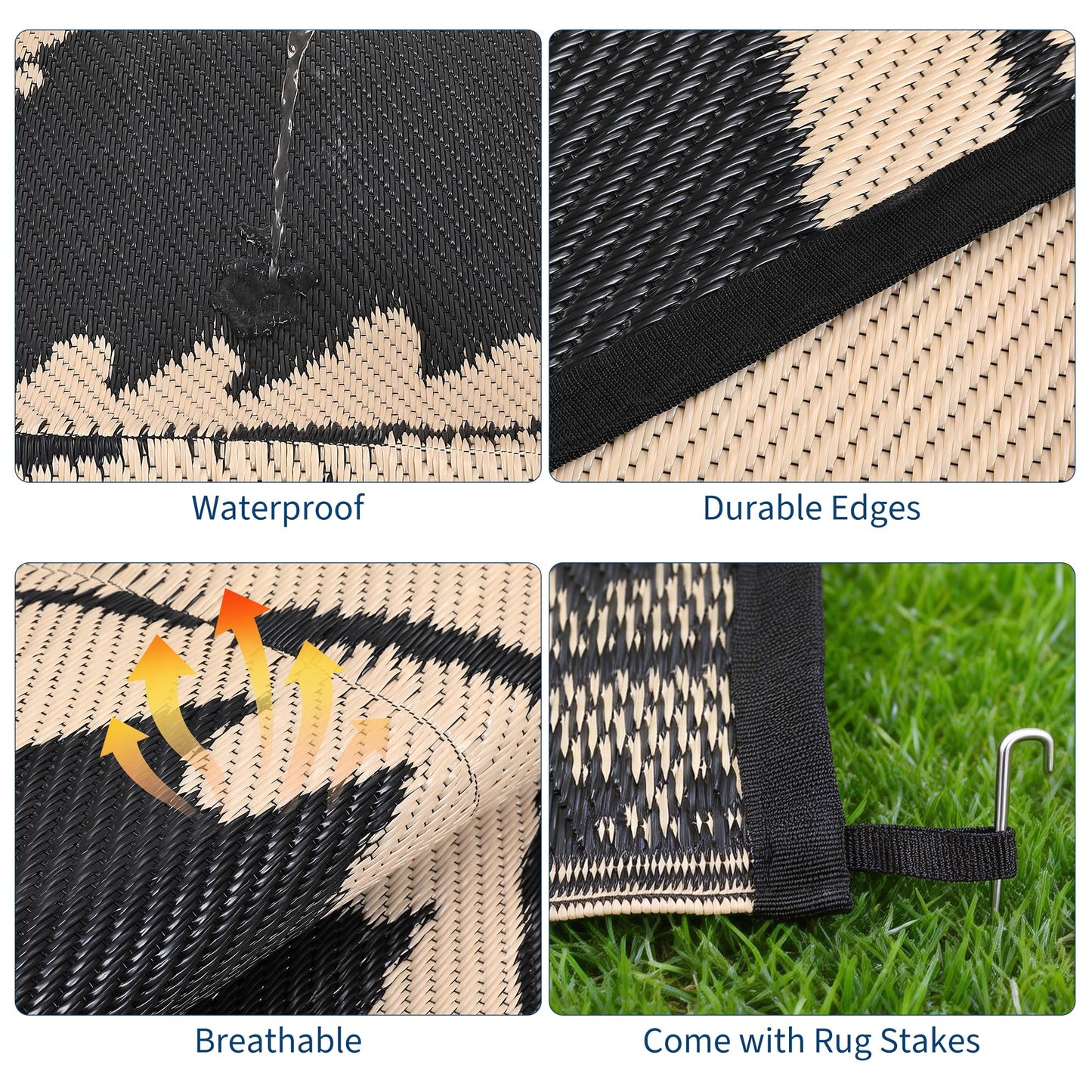 Garvee Waterproof Outdoor Rug 5x8 for Patio, Reversible Modern Area Rug, Large Plastic Straw Mat for Camping, RV, Porch, Backyard, Deck, Picnic, Beach, Black & Brown