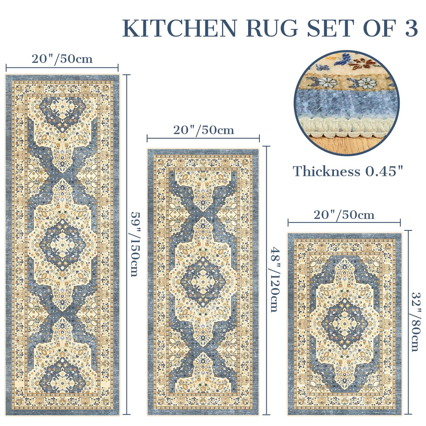 TUKDAK Boho Non-Slip Washable Kitchen Rug Set of 3, Soft Thick Stain Resistant Kitchen Floor Mats, Yellow & Blue Farmhouse Decor Rugs for Sink Front, Hallway, Bathroom, Entryway, Laundry Room