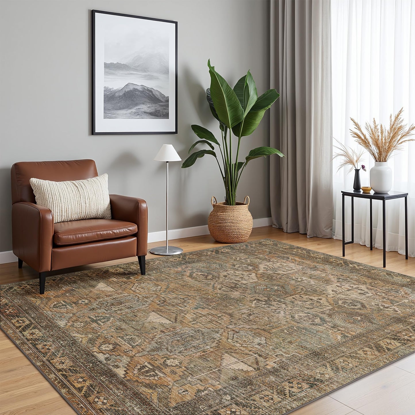 Bavni Washable Rug 8x10 Area Rug for Living Room Bedroom Dining, Washable Vintage Print Carpet, Ultra-Thin Chenille Low Pile Lightweight Rug with Non Slip Backing, Warm Taupe