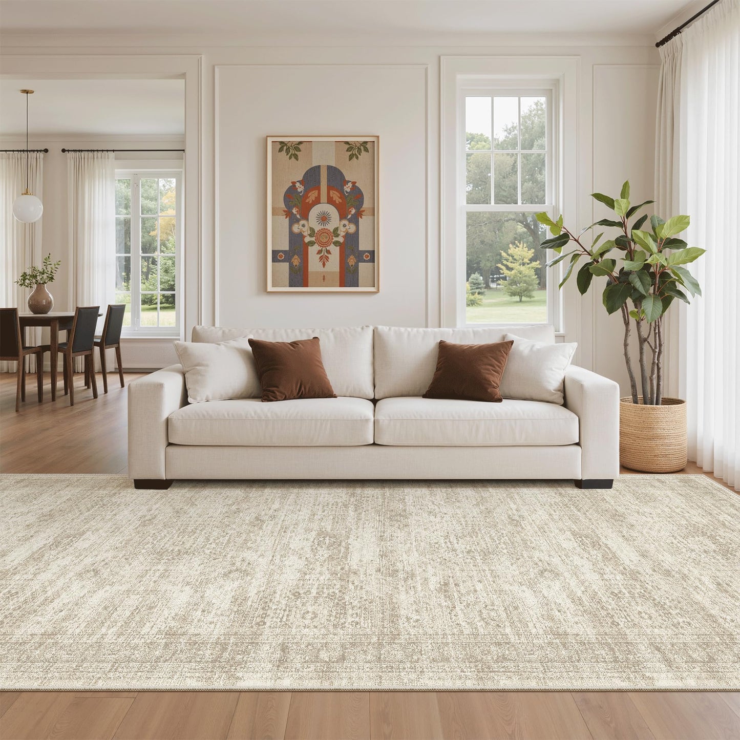 Soalmost 4x12 Wide Hallway Runners: Washable 12ft Runner Rug for Entryway Living Room Soft Vintage Non Slip Carpet Runner for Kitchen Dining Room Nursery Bedroom (Beige, 4x12ft)