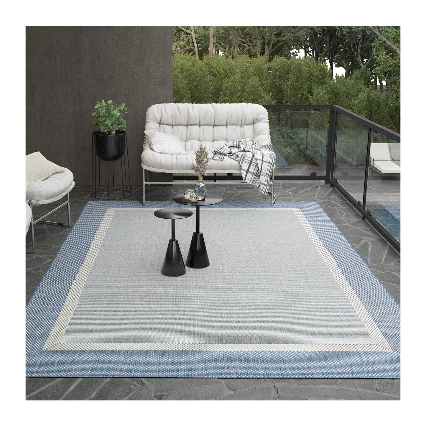 Couristan Recife Indoor Outdoor Rug - Stria Texture 7'6" x 10'9" Rectangle in Ivory and Blue, Hose Washable, Low Pile, Pet- Kid Friendly Home Decor for Living Room, Patio Furniture Set, Kitchen
