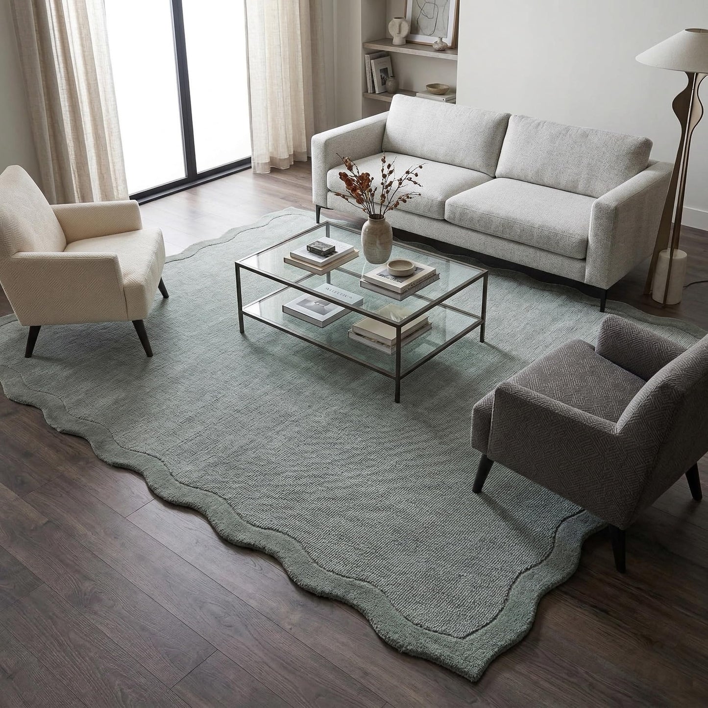 Restoration and Renovation Scalloped Hand-Tufted Wool Area Rug – Thick, Soft, Plain Textured Carpet for Living Room, Bedroom, – Wavy Edge Accent Rugs with Cotton Backing (Sage Green, 3' x 5')