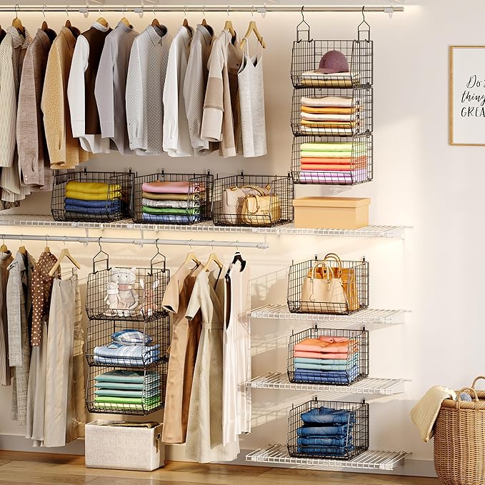 4" Extra Deeper Hanging Closet Organizers and Storage, 4 Tier Foldable Wire