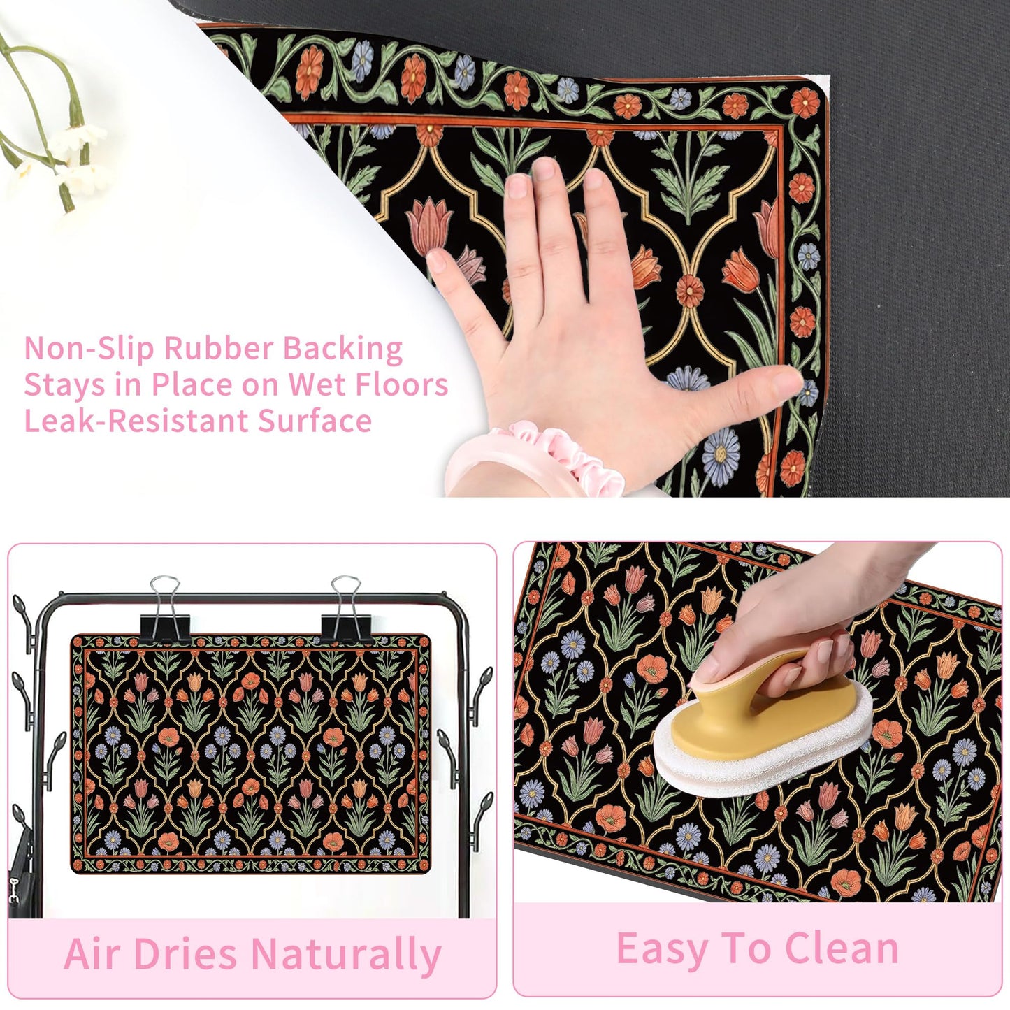 Pet Feeding Mat 24 x 16 Inch, Black Floral Pet Placemat Absorbent Quick-Dry for Food and Water, Waterproof Non Slip Rubber Bowl Pad Mat for Floors