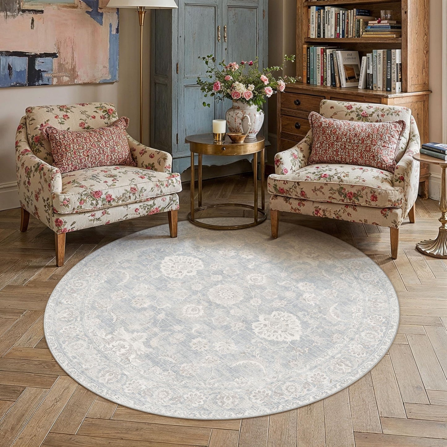 WondRg 8x8 Blue Cream Washable Round Rug for Living Room Bedroom Neutral Floral Soft Non Slip Circle Rug Low Pile Distressed Carpet for Dining Room Nursery Office Indoor
