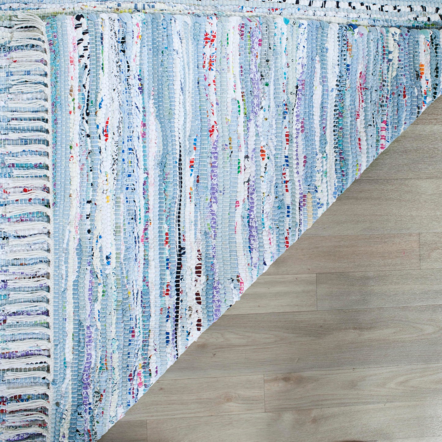 SAFAVIEH Rag Rug Collection Area Rug - 5' x 7', Light Blue & Multi, Handmade Boho Stripe Cotton, Ideal for High Traffic Areas in Living Room, Bedroom (RAR125A)
