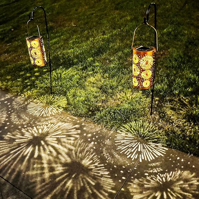 Fireworks Birthday Gifts for Women Mom Grandma Solar Lanterns Outdoor Waterproof Garden Decor Metal Hanging LED Decorative Light for Patio Yard Lawn Backyard Front Porch Gardening Gifts