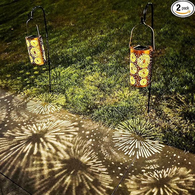 2 Pack Fireworks Birthday Gifts for Women Mom Grandma Solar Lanterns Outdoor Waterproof Garden Decor Metal Hanging LED Decorative Light for Patio Yard Lawn Backyard Front Porch Gardening Gifts