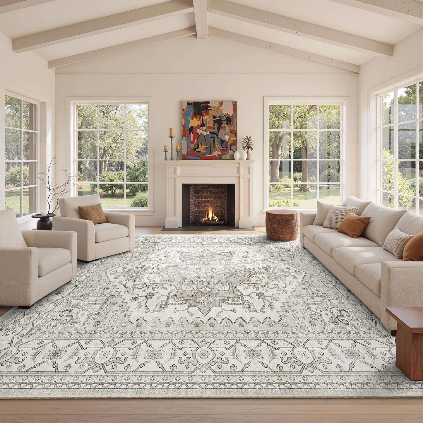 Area Rugs for Living Room - 9x12, Boho Non-Slip Low Pile Carpet Machine Washable Rugs for Bedroom, Farmhouse, Office, Dining Room (Beige)