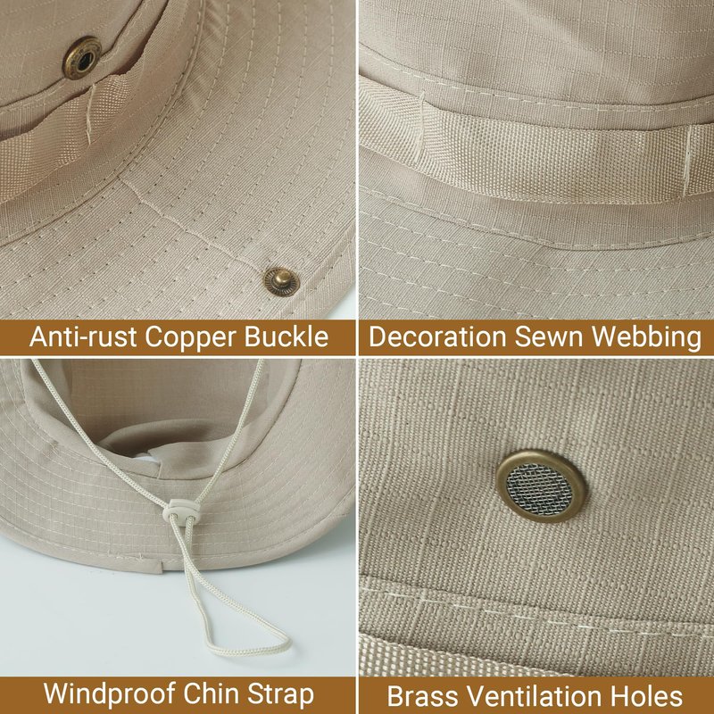 PFFY Sun Boonie Hats for Men UPF 50+ Bucket Hat for Fishing Hiking Safari Hunting Khaki（with Webbing