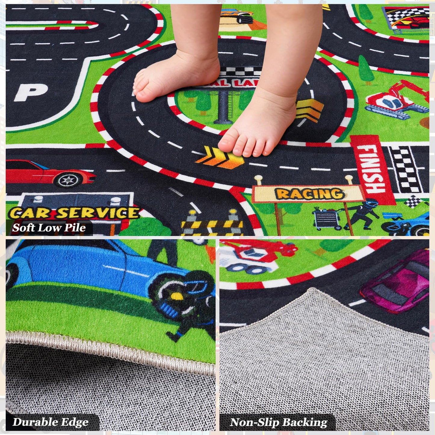 Quntue Kids Play Rug 4x5 Ft, Non-Slip Race Track Car Rug Play Mat, Washable Soft Road Carpet for Boys Room, Playroom, Bedroom, Nursery, Classroom