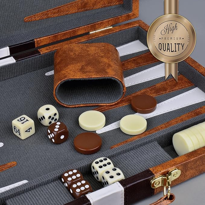 Large Backgammon Sets for Adults - Classic Board Games for 2 Players Adults and Kids - Premium Backgammon Set 15 inch Board and 32 Backgammon Pieces in Quality PU Leather Case - Gift for Man