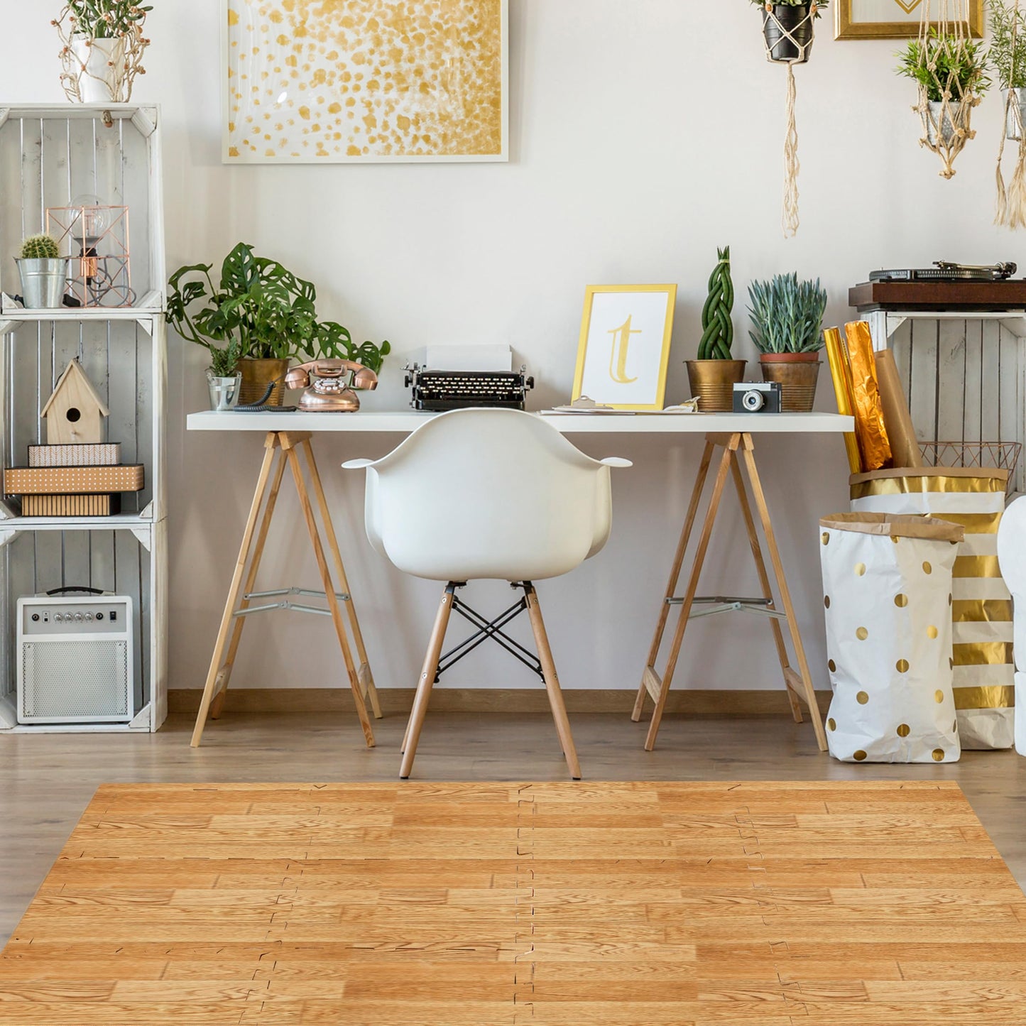 Sorbus Wood Grain Floor Mats Foam Interlocking Mats Each Tile 1 Square Foot 3/8-Inch Thick Flooring Wood Mat Tiles - Home Office Playroom Basement Trade Show (16 Tiles,16 Sq ft, Wood Grain - Pine)