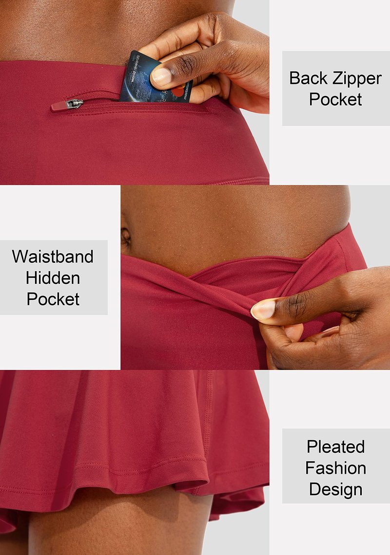 SANTINY Pleated Tennis Skirt for Women with 4 Pockets Women's High Waisted Athletic Golf Skorts Skirts for Running Casual (Red_L)