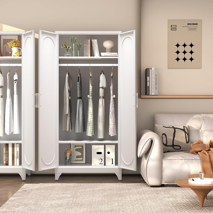SteeLoong 71" Metal Armoire Wardrobe Closet with Doors，Tall Clothing Storage Cabinet with Adjustable Shelves and Hanging Rod,White Wardrobe Closet for Bedroom,Home,Office,Gym