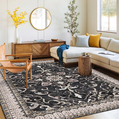Washable Area Rug 5x8 | Non Slip Area Rug for Living Room, Bedrooms, Dining Room | Ultra-Soft Flannel Carpet Area with Rubber Backing (Black Cream, 5x8)