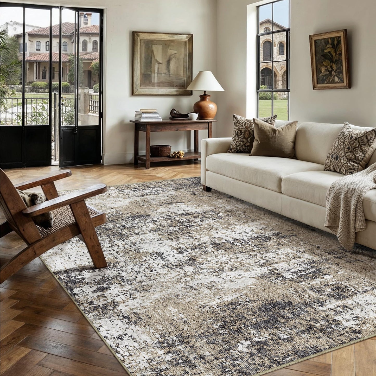 PureCozy 5x7 Abstract Area Rug Brown Washable Non Slip Living Room Carpet Modern Neutral Low Pile Soft Bedroom Throw Rug Contemporary Indoor for Kitchen Office Laundry Dining Room Bathroom