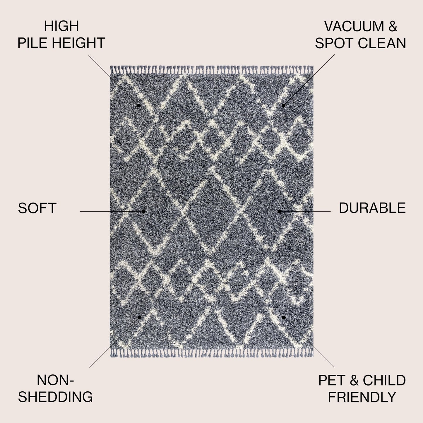 JONATHAN Y Mercer Shag Plush Tassel Blue/Cream Indoor Area Rug, 8x10, Moroccan Geometric Trellis, Contemporary, Easy-Cleaning for Living Room, Bedroom, Kitchen, Pet Friendly, Non-Shedding (MCR102A-8)
