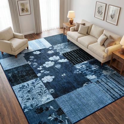 FALARK 6x9 Area Rug for Living Room, Modern Geometric Patchwork Large Rug, Washable Non-Slip Indoor Low Pile Carpet for Bedroom Dining Room Office Playroom Home Dorm Decor, Blue