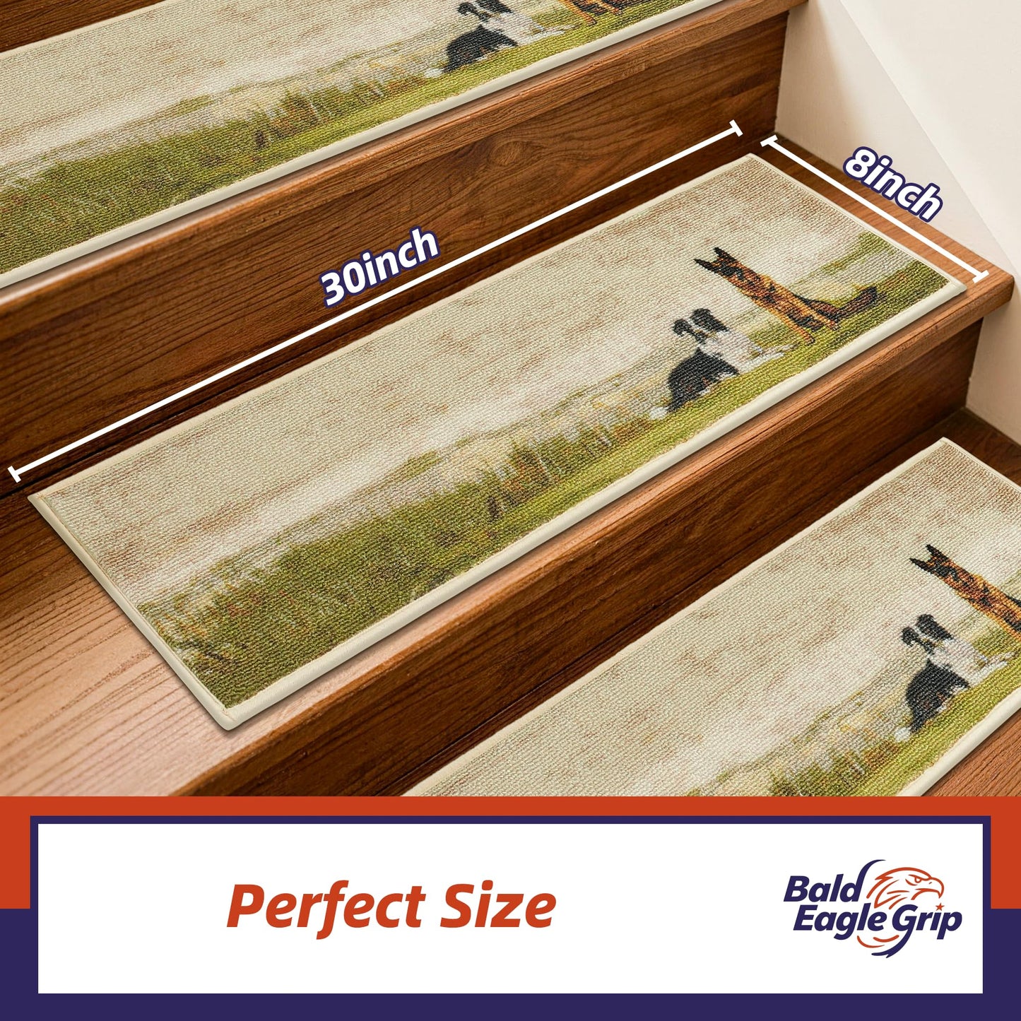 Stair Treads for Wooden Steps Non Slip 8x30, Stair Carpet Treads with Patented TPE Grip, Machine Washable Stair Pads for Wood Stairs Indoor, Country Dogs, Set of 4