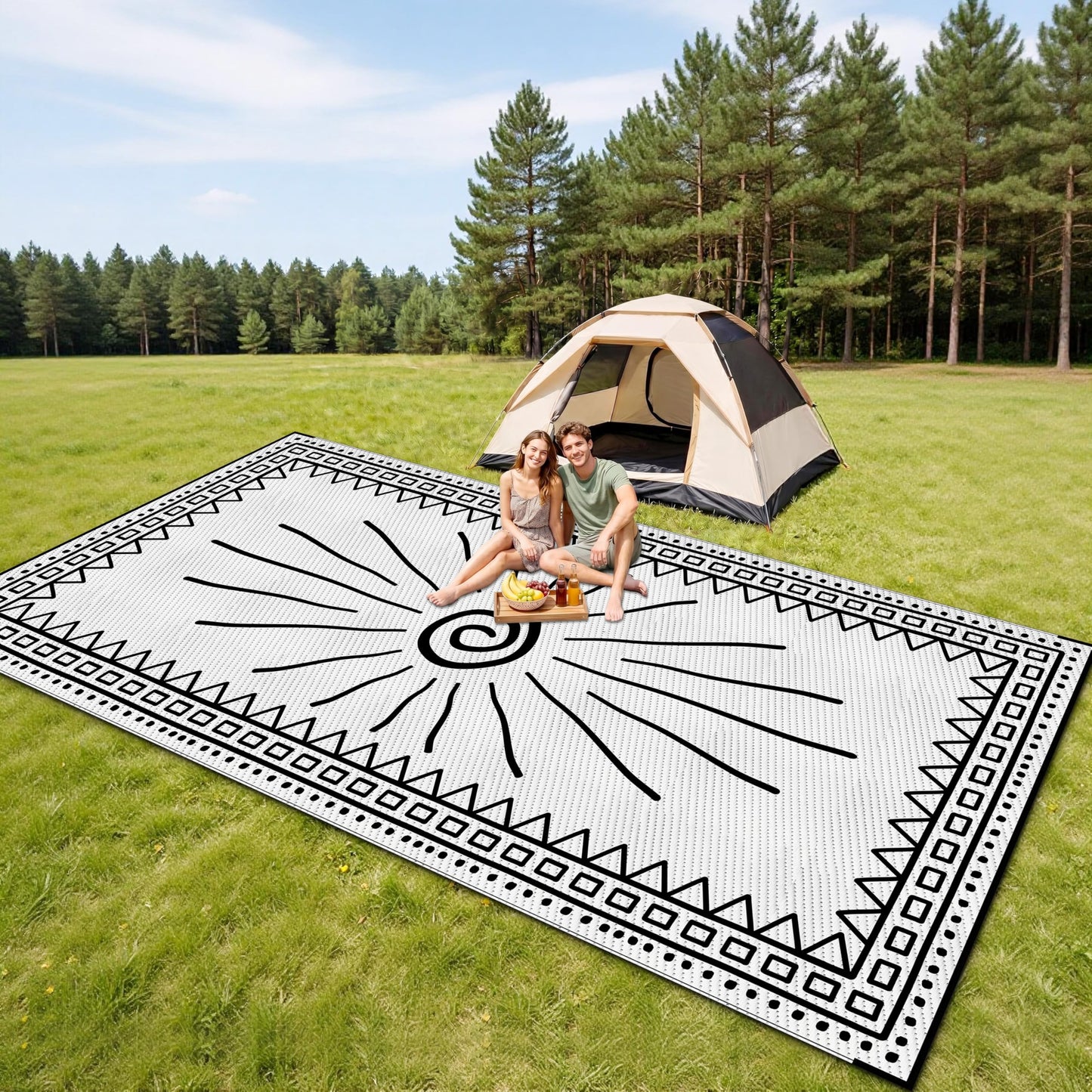 CircleRoad RV Outdoor Rug 9x12 Waterproof Patio Rug Mat with 4 Stakes UV Resistant Reverisble Plastic Straw Outdoor Rug with Carry Bag for RV Camping Picnic Beach