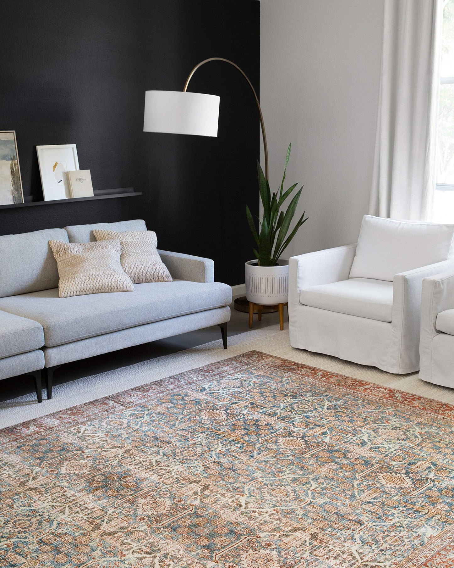 Loloi Layla Collection LAY-04 Ocean/Rust 7'-6" x 9'-6" .13" Thick Area Rug, Soft, Durable, Vintage Inspired, Distressed, Low Pile, Non-Shedding, Easy Clean, Printed, Living Room Rug