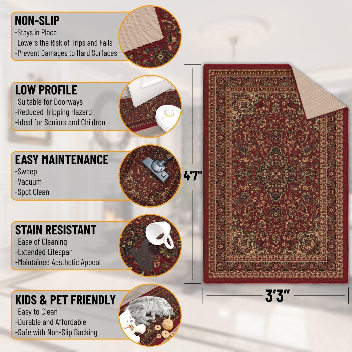 Ottomanson 3'3" x 4'7" Rugs for Living Room Oriental Area Rug for Bedroom - Non Slip Durable Large Floor Carpet for High Traffic Areas - Indoor Rug for Dining Room Kitchen Kids Playroom, Red