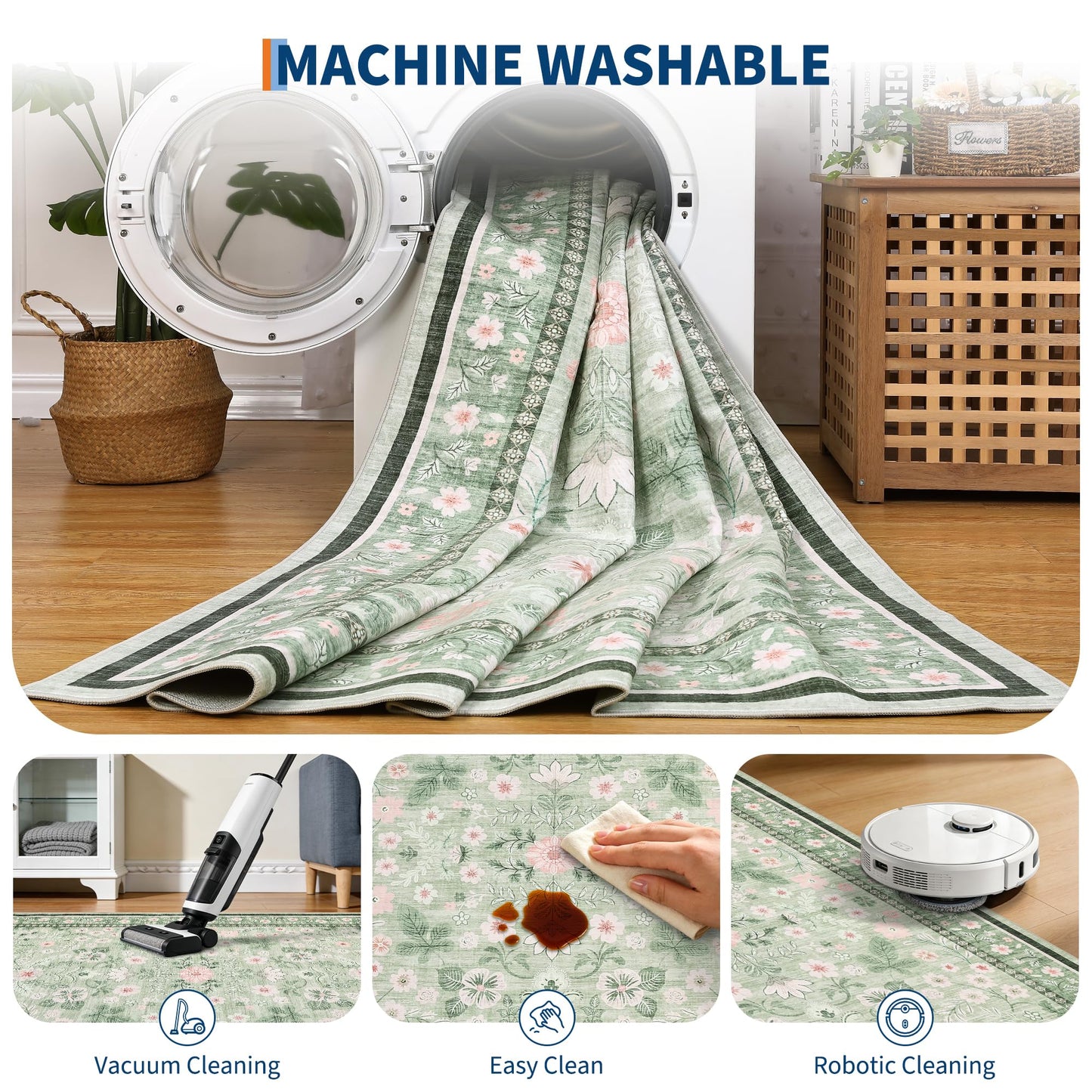 GarveeHome 10x14 Area Rugs for Bedroom Machine Washable Rugs Soft Non-Slip Backing Low Pile Stain Resistant Carpet for Living Room Farmhouse Dining Room Nursery Green