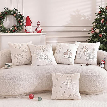 Christmas Throw Pillow Covers 18x18 Set of 2,Soft Plush Faux Fur Christmas Pillows Covers Embroidery Decorative Throw Pillows for Couch Bedroom Holiday Festivals Winter Home Decor