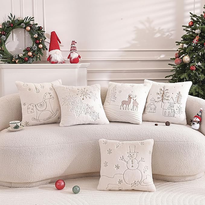 Christmas Throw Pillow Covers 18x18 Set of 2,Soft Plush Faux Fur Christmas Pillows Covers Embroidery Decorative Throw Pillows for Couch Bedroom Holiday Festivals Winter Home Decor