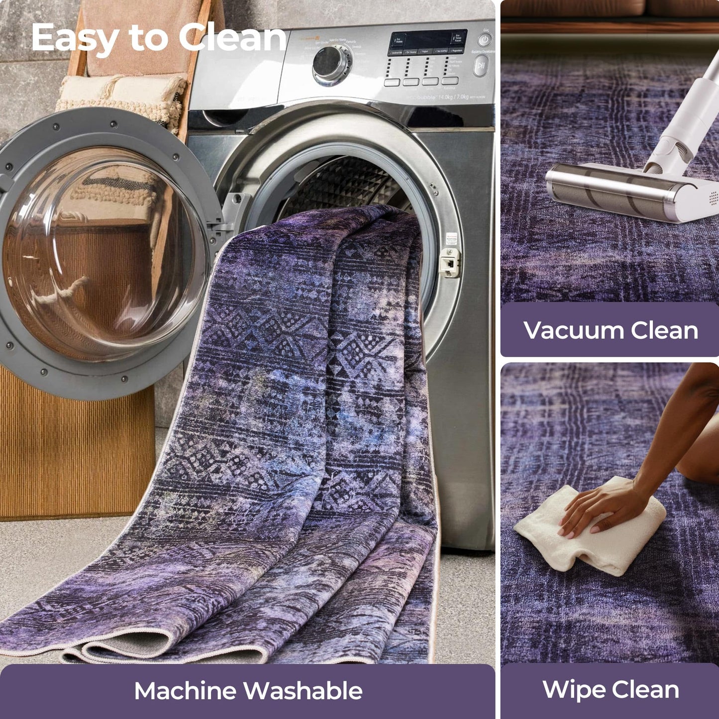 Kokia Abstract Area Rugs Washable Indoor 6x9 Rug Boho Distressed Retro Low Pile Non-Slip Non-Shedding Black Purple Carpet Bedroom Living Room Dining Room, Violet and Slate Blue