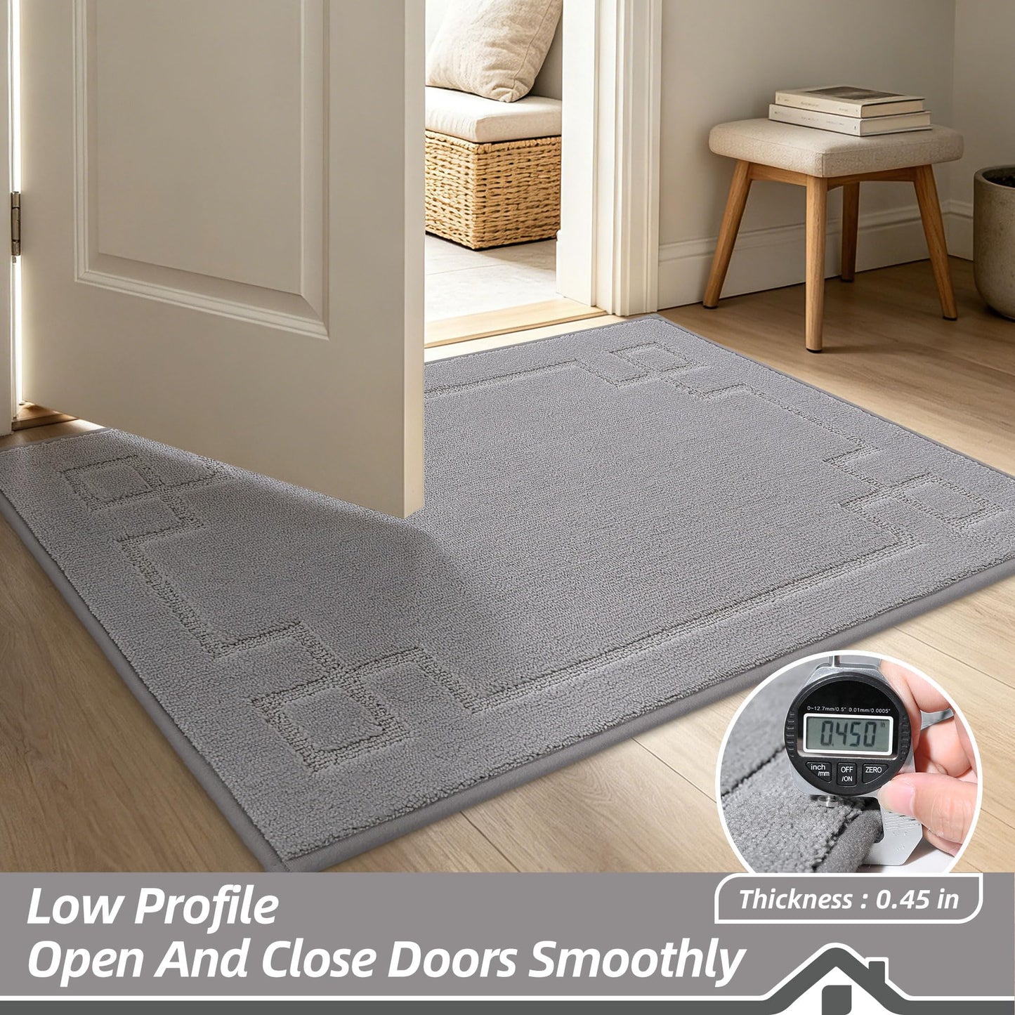 BEQHAUSE Door Mat 24" x 36", Non-Slip Door Mats Indoor Entryway Rugs Washable Low-Profile Absorbent and Dirt Trapper Floor Mats, Dog Door Mat for Front Back Door, Mud Wet Shoes & Paws, Light Grey