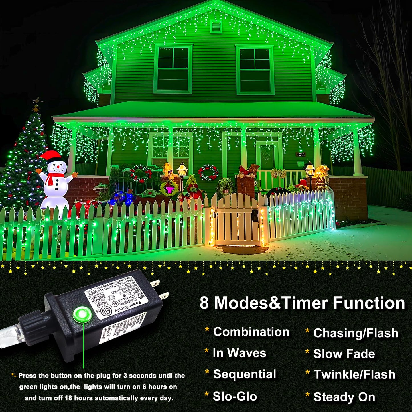 400 LED Icicle Christmas Lights Outdoor - 33FT Icicle Lights for Outside 8 Modes with 75 Drops, Plug in Waterproof Connectable Fairy String Lights for Indoor Holiday Party Christmas Decoration,Green