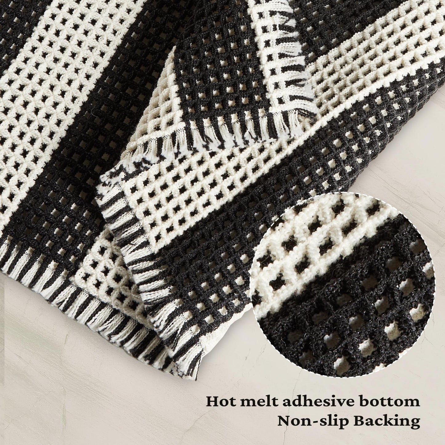 MatEssenz Checkered Runner Rug 2'x4', Black and White Waffle Weave Long Bathroom Rug with Tassels, Non-Slip & Quick Dry Bath Mat for Double Vanity & Kitchen, Machine Washable Boho Decor