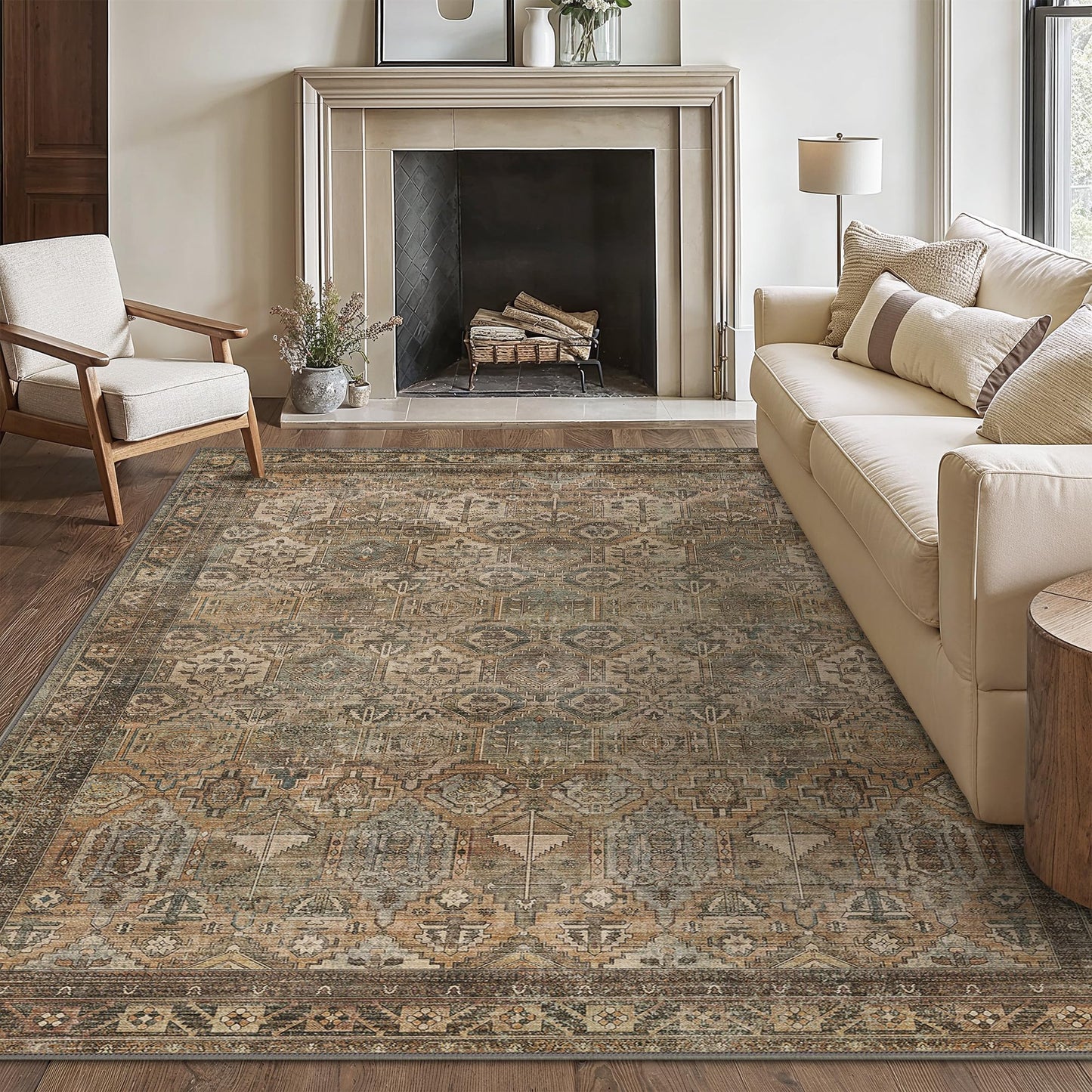 Bavni Washable Rug 8x10 Area Rug for Living Room Bedroom Dining, Washable Vintage Print Carpet, Ultra-Thin Chenille Low Pile Lightweight Rug with Non Slip Backing, Warm Taupe