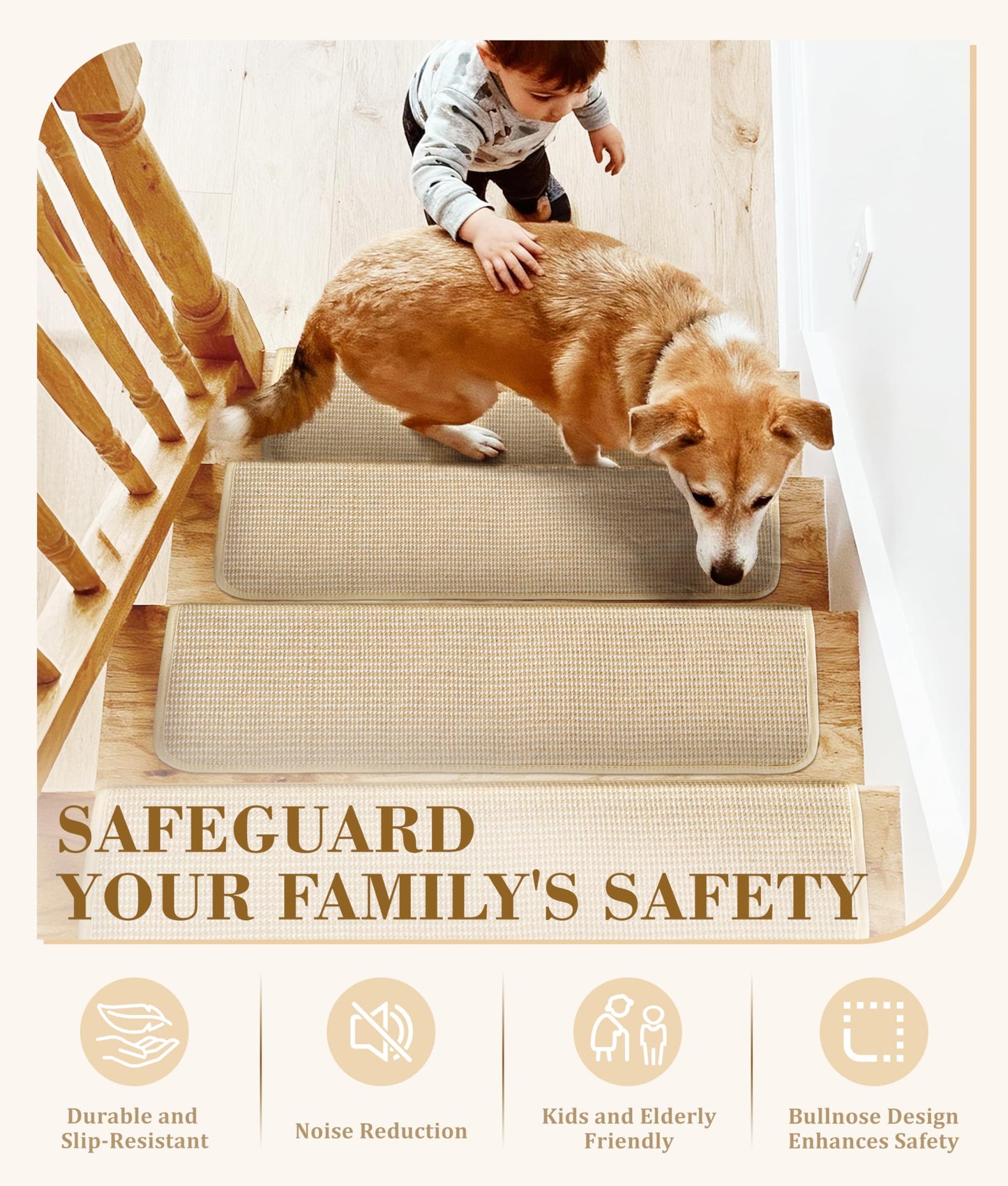 Bullnose Stair Treads for Wooden Steps: 14 Pack Bullnose Stair Carpet Treads Washable Non Slip Peel and Stick Carpet Runner for Wood Stairs 29.5"x9.5"x1.5" Beige and Natural